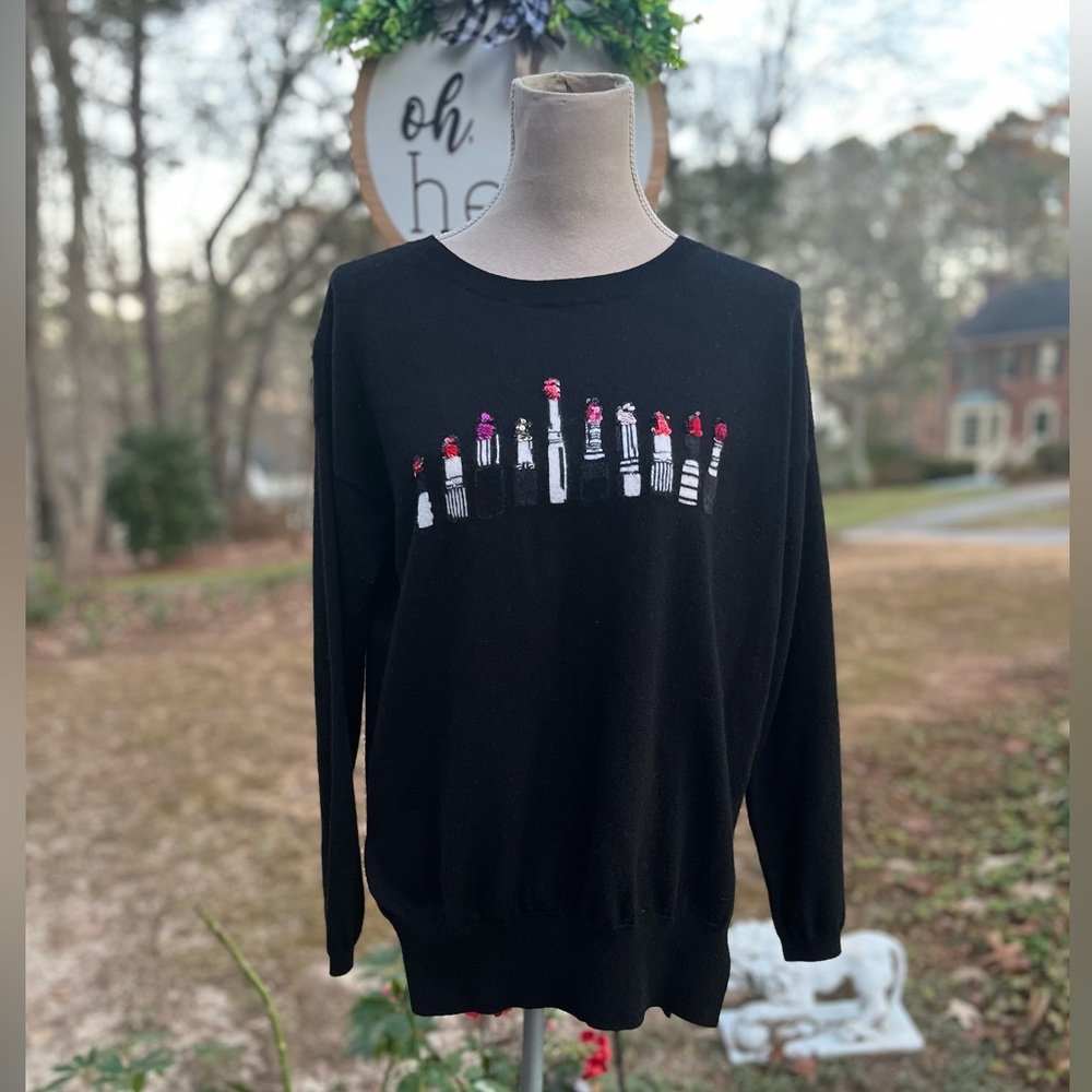 Markus Lupfer Lipstick Embellished Sweater, Black, Large, EUC